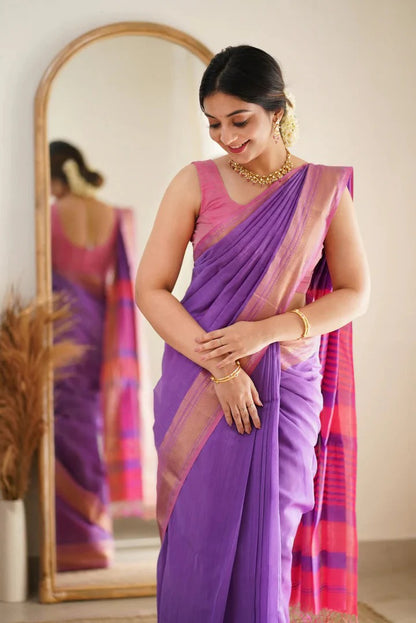 Premium Cotton Silk Saree with Pure Linen Silk Blouse Piece – Lavender/Pink Variant]-MYSTIC
