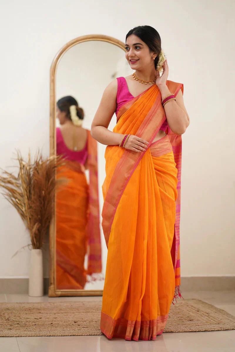 Premium Cotton Silk Saree with Pure Linen Silk Blouse Piece – Orange/Dark Pink Variant]-MYSTIC