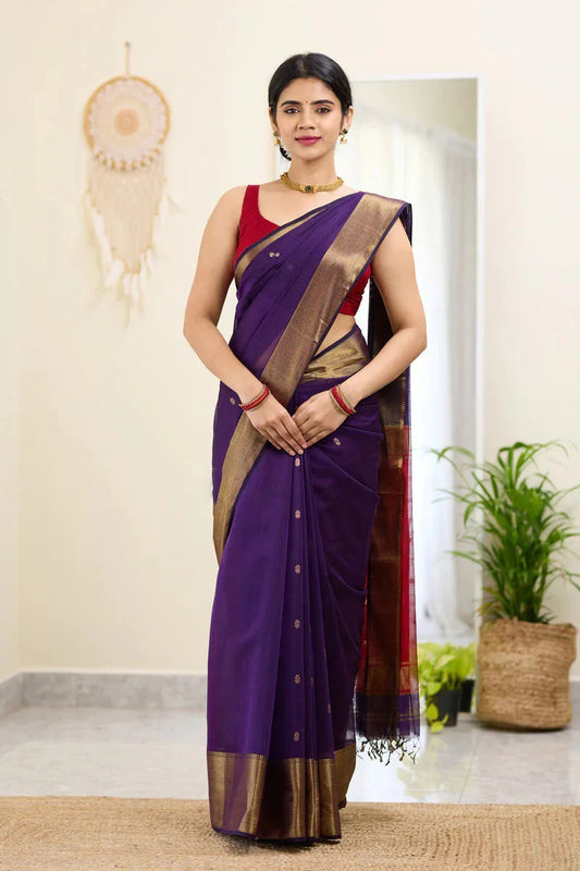 Meghlata Purple Cotton Silk Saree with Attractive Blouse