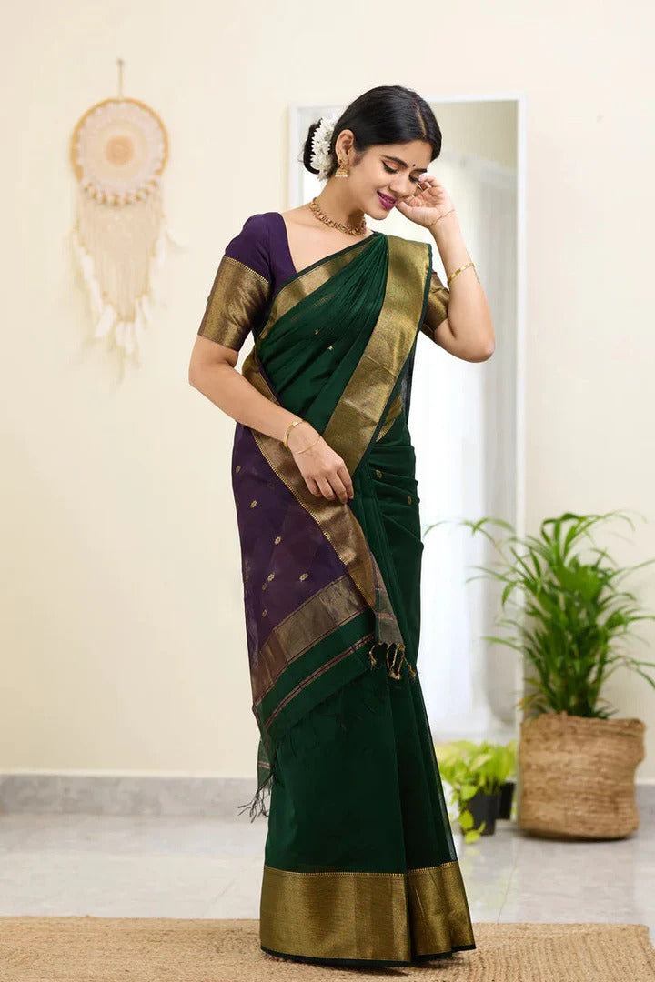 Meghlata Green Cotton Silk Saree with Attractive Blouse