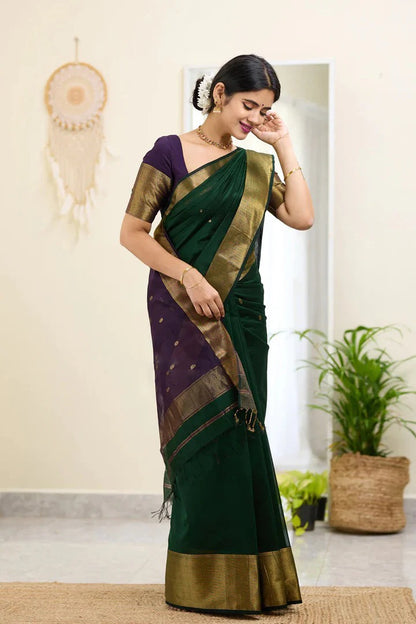 Meghlata Green Cotton Silk Saree with Attractive Blouse