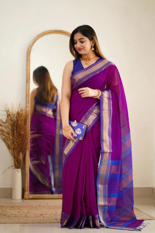 Premium Cotton Silk Saree with Pure Linen Silk Blouse Piece – Purple/Royal Blue Variant-MYSTIC