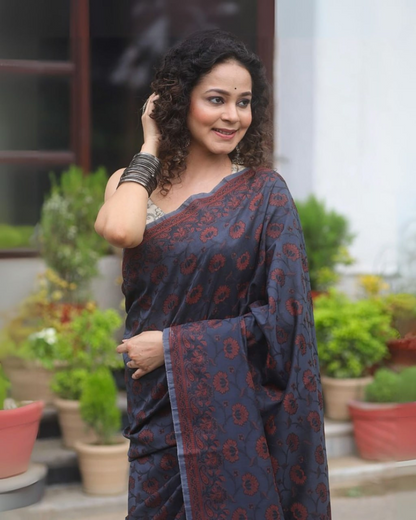 Neharika - Midnight Blue Printed Saree