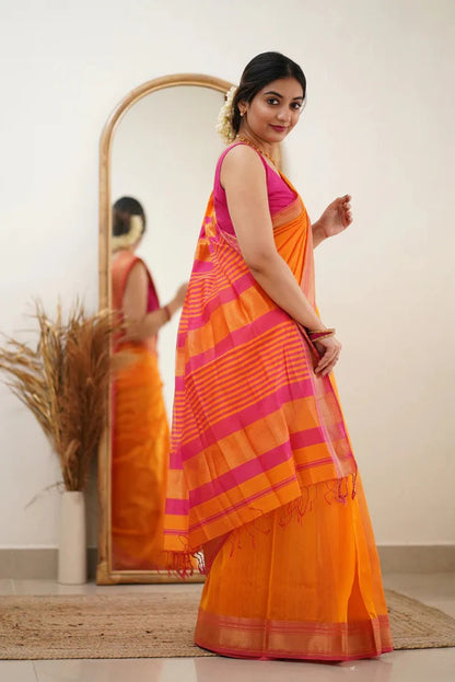 Premium Cotton Silk Saree with Pure Linen Silk Blouse Piece – Orange/Dark Pink Variant]-MYSTIC