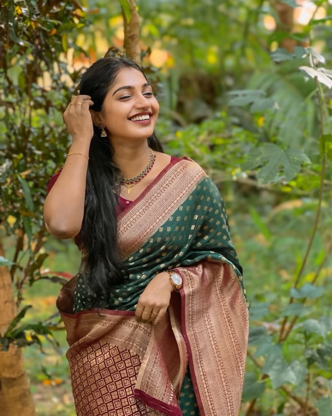 Mishka - Bottle Green Saree with Rose Gold Zari Border