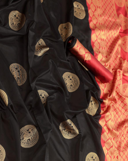 Barkha Black and Red Soft Silk Saree With Attached Blouse