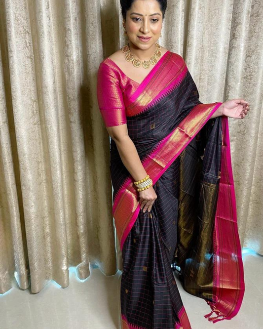 Mehal - Black Checked Saree with Pink Zari Border