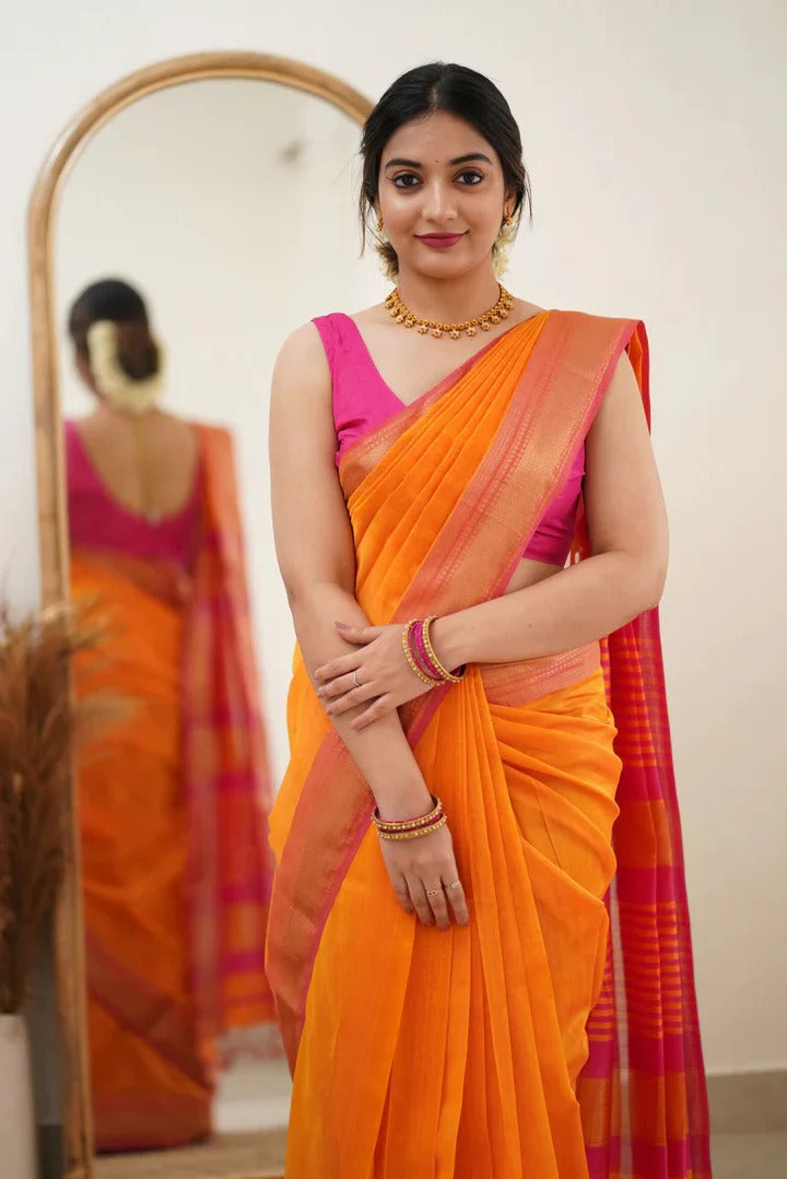 Premium Cotton Silk Saree with Pure Linen Silk Blouse Piece – Orange/Dark Pink Variant]-MYSTIC