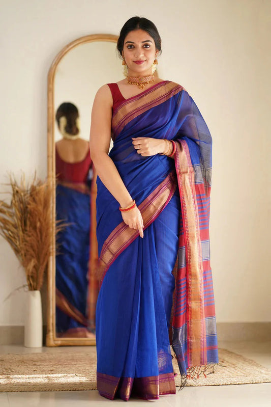 Premium Cotton Silk Saree with Pure Linen Silk Blouse Piece – Royal Blue/Maroon Variant-MYSTIC