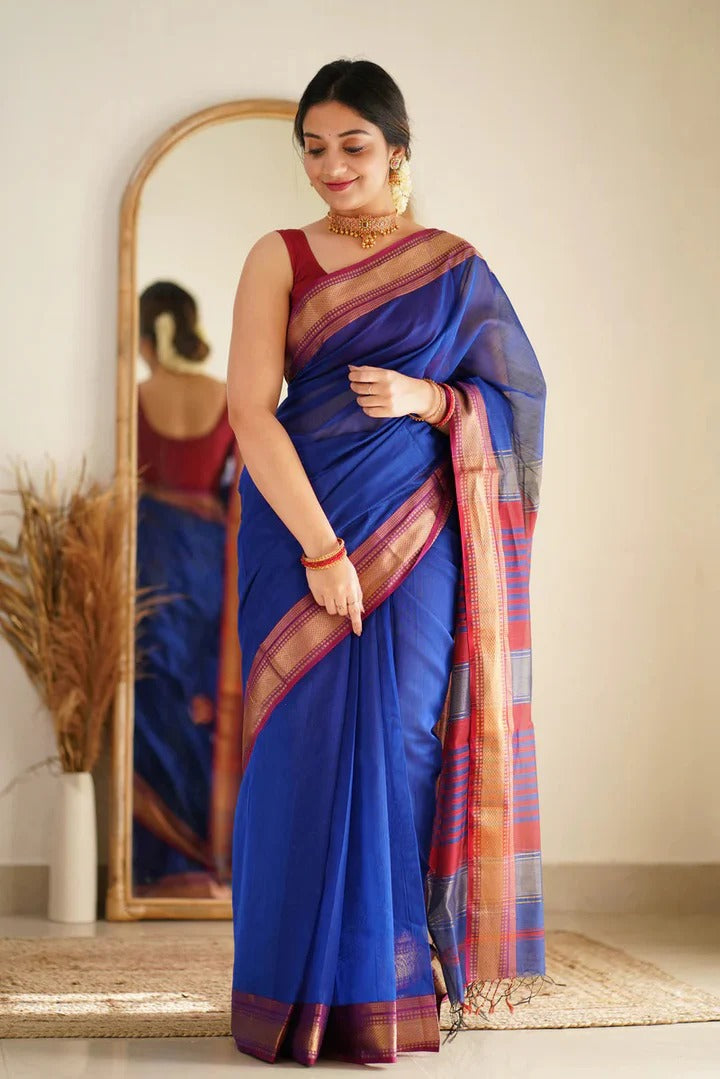 Premium Cotton Silk Saree with Pure Linen Silk Blouse Piece – Royal Blue/Maroon Variant-MYSTIC