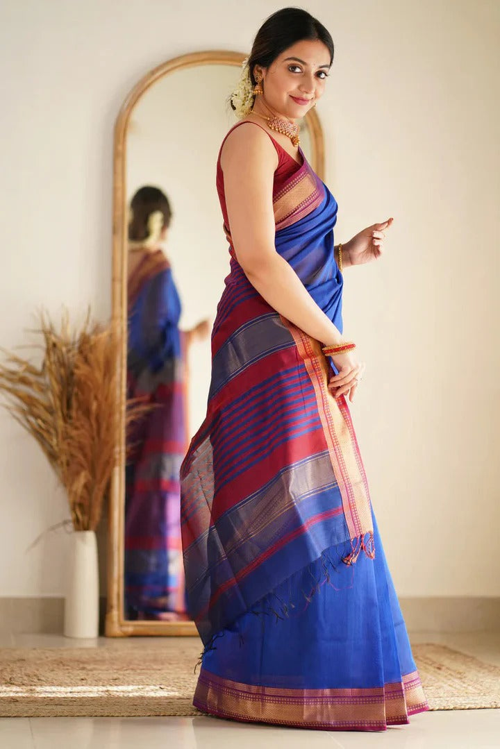 Premium Cotton Silk Saree with Pure Linen Silk Blouse Piece – Royal Blue/Maroon Variant-MYSTIC