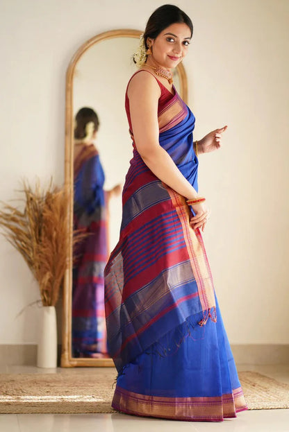 Premium Cotton Silk Saree with Pure Linen Silk Blouse Piece – Royal Blue/Maroon Variant-MYSTIC