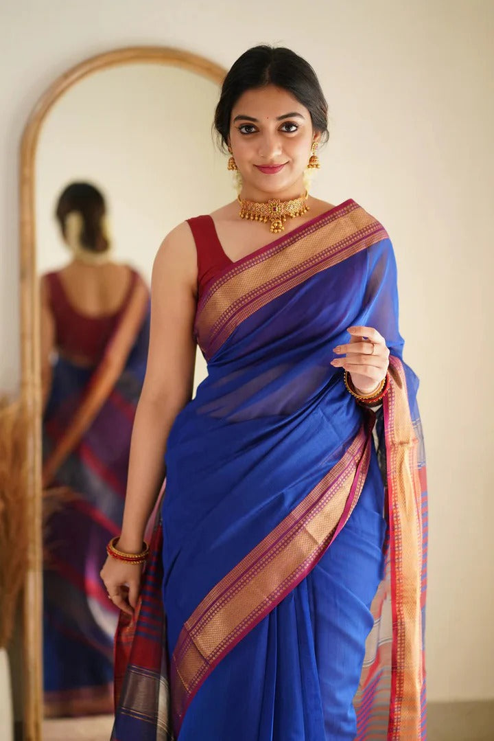 Premium Cotton Silk Saree with Pure Linen Silk Blouse Piece – Royal Blue/Maroon Variant-MYSTIC