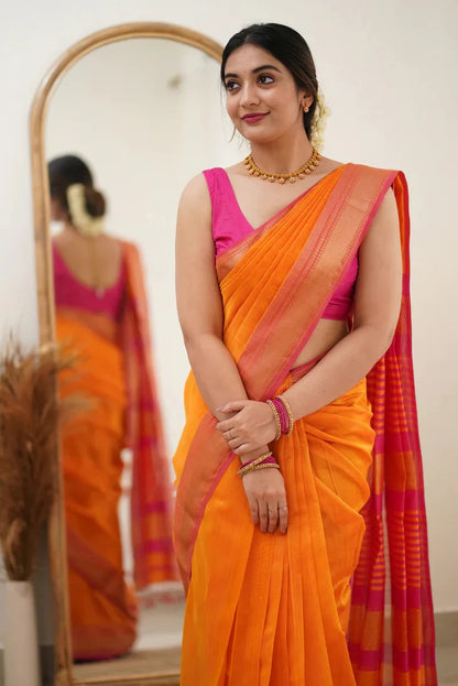 Premium Cotton Silk Saree with Pure Linen Silk Blouse Piece – Orange/Dark Pink Variant]-MYSTIC