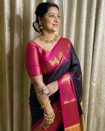 Mehal - Black Checked Saree with Pink Zari Border