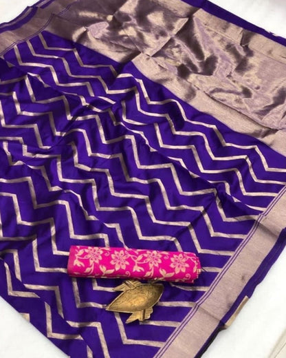 Blue zigzag Designed Soft Silk Sari With Attached Blouse