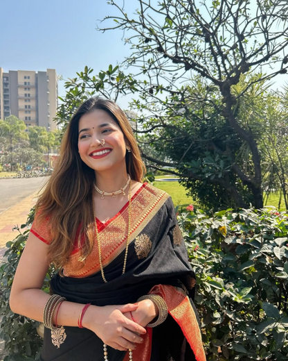 Varnika - Black Saree with Rust Orange Zari Border