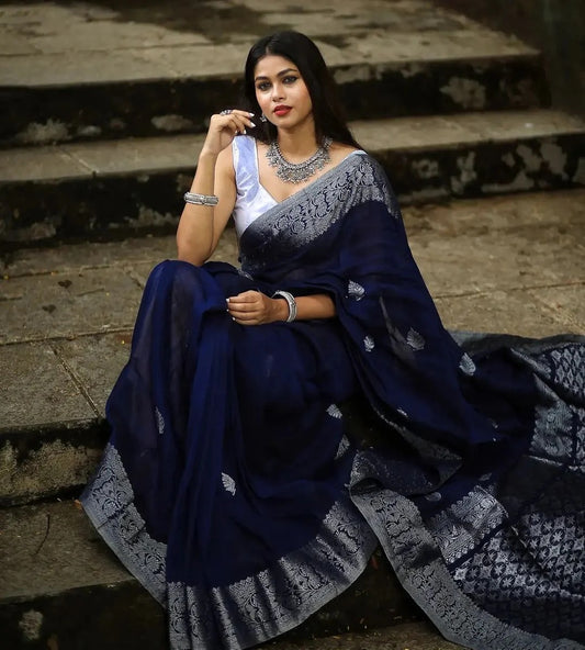 Siddhi Navy Blue Soft Silk Saree With Attractive Blouse Piece