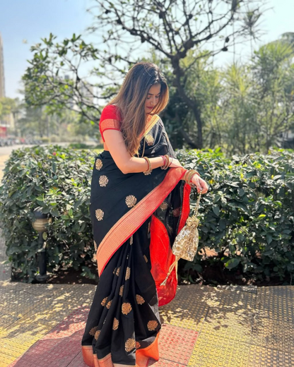 Varnika - Black Saree with Rust Orange Zari Border