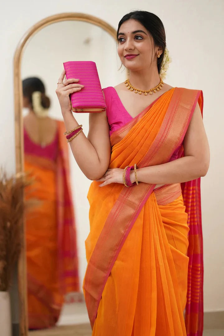 Premium Cotton Silk Saree with Pure Linen Silk Blouse Piece – Orange/Dark Pink Variant]-MYSTIC