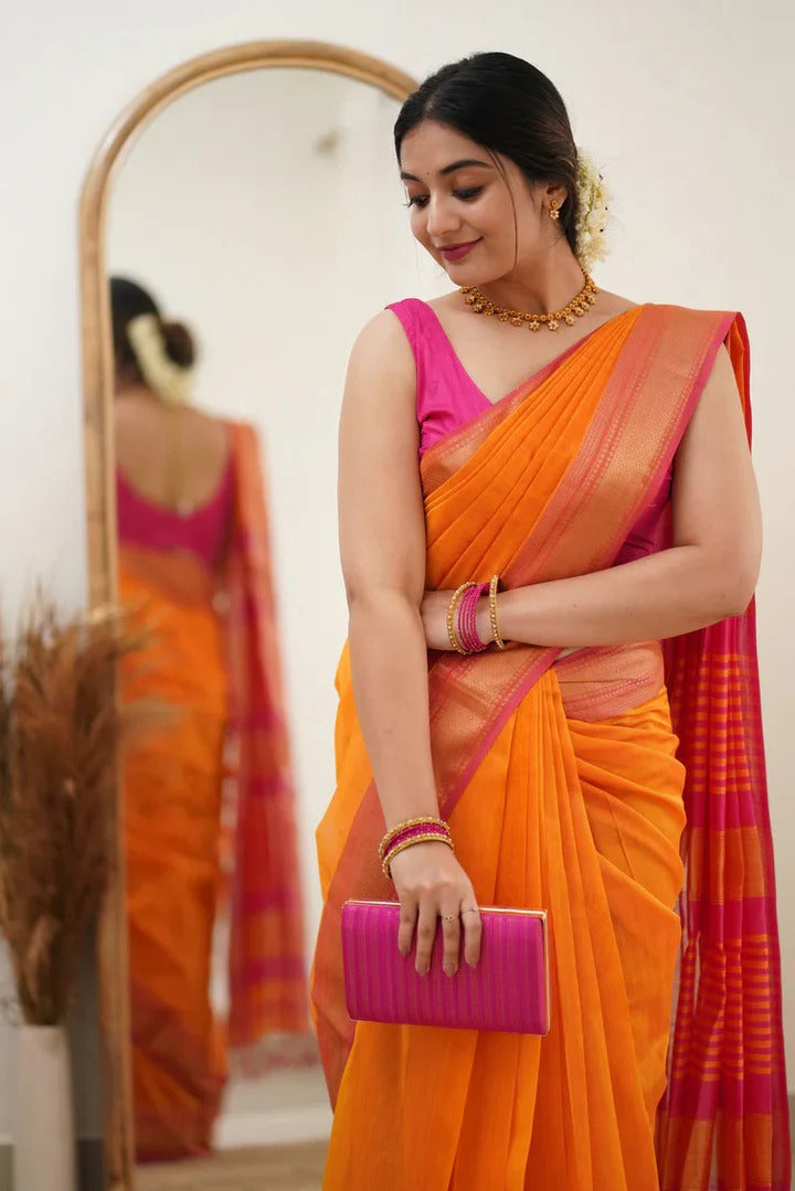 Premium Cotton Silk Saree with Pure Linen Silk Blouse Piece – Orange/Dark Pink Variant]-MYSTIC