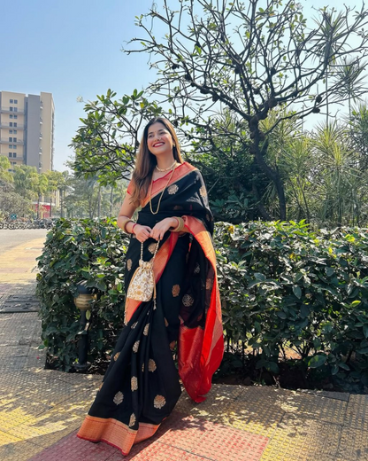 Varnika - Black Saree with Rust Orange Zari Border