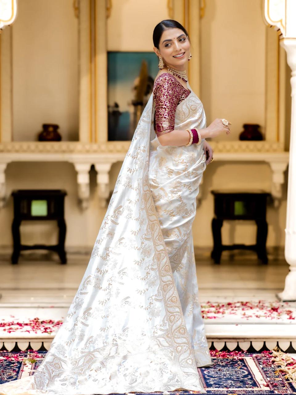 Hema White Banarasi Silk Saree