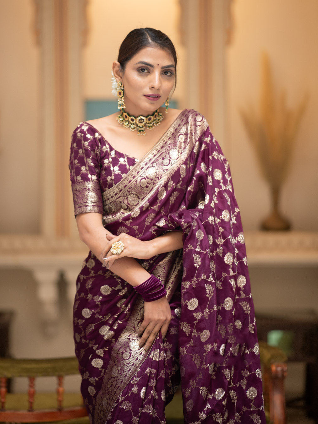 Hira Wine Banarasi Silk Saree With Amazing Blouse Piece