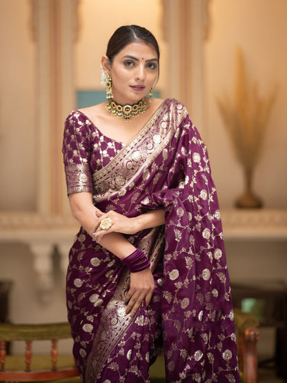 Hira Wine Banarasi Silk Saree With Amazing Blouse Piece