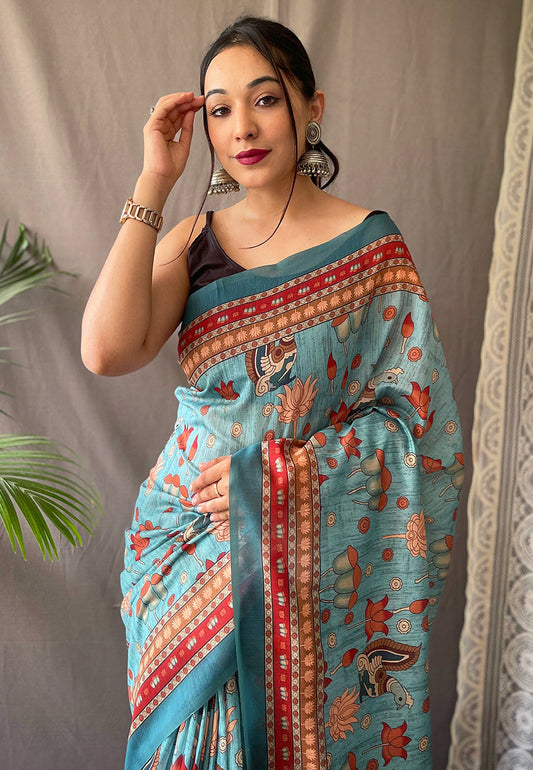 1 MIN Ready To Wear Kadambari Cotton Kalamkari Printed Saree Blue