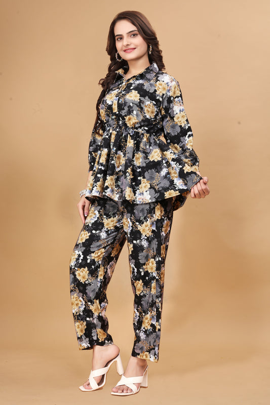 LEEWA BLACK FLORAL COTTON CO-ORD SET
