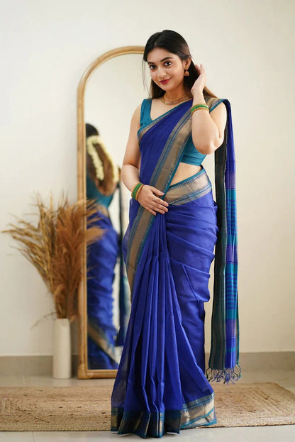 Premium Cotton Silk Saree with Pure Linen Silk Blouse Piece – [Blue/Firozi Variant]-MYSTIC