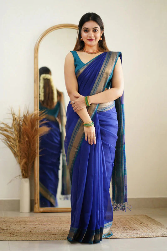 Premium Cotton Silk Saree with Pure Linen Silk Blouse Piece – [Blue/Firozi Variant]-MYSTIC