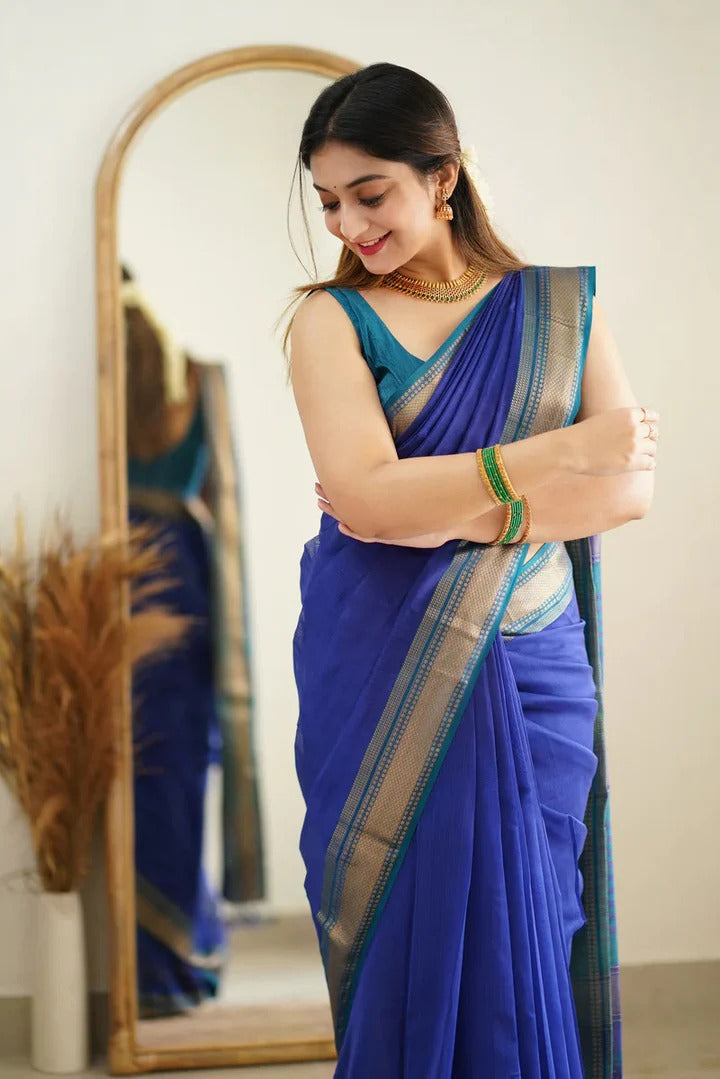 Premium Cotton Silk Saree with Pure Linen Silk Blouse Piece – [Blue/Firozi Variant]-MYSTIC
