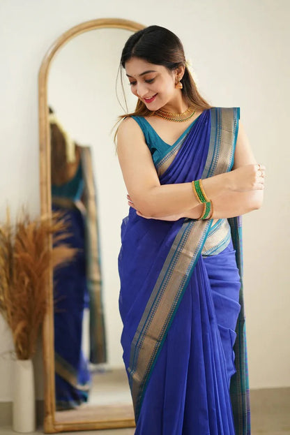 Premium Cotton Silk Saree with Pure Linen Silk Blouse Piece – [Blue/Firozi Variant]-MYSTIC