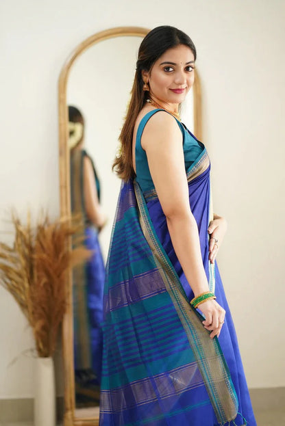 Premium Cotton Silk Saree with Pure Linen Silk Blouse Piece – [Blue/Firozi Variant]-MYSTIC