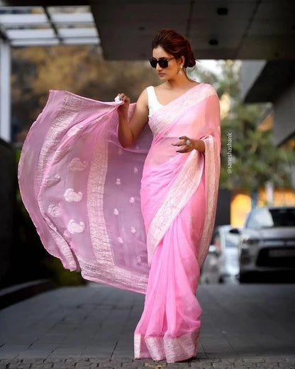 Beauteous Pink Soft Cotton Silk Saree With especial Blouse Attached
