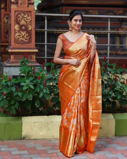 Soniya Orange Soft Banarasi Silk Saree With Attractive Blouse