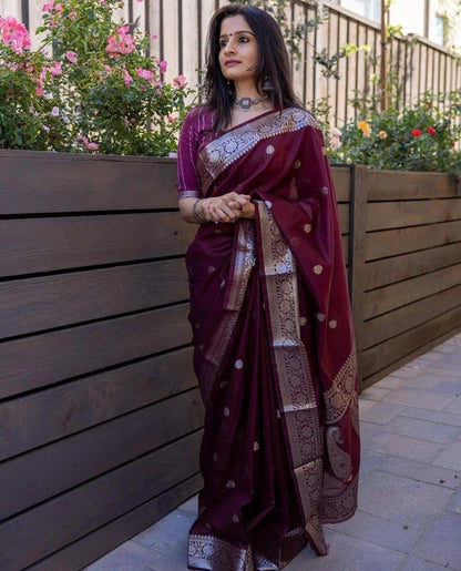 Beauteous Maroon Soft Cotton Silk Saree With especial Blouse Attached