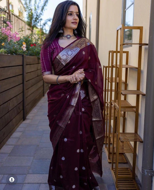 Beauteous Maroon Soft Cotton Silk Saree With especial Blouse Attached