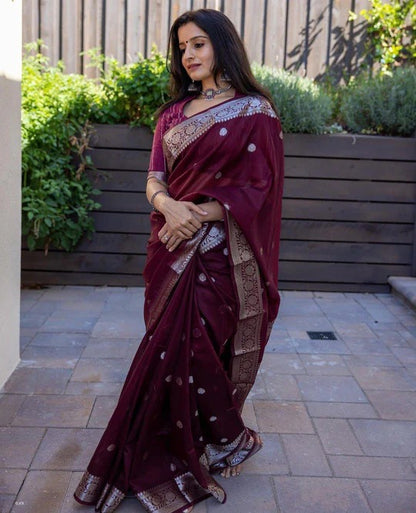 Beauteous Maroon Soft Cotton Silk Saree With especial Blouse Attached