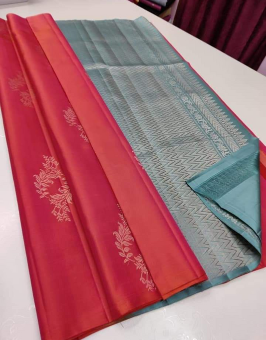 Hetal Red-Regent Grey Soft Silk Saree