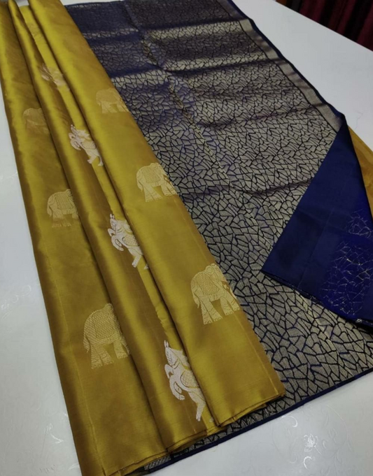 Nisha Navy Blue-Sandy Taupe Soft Silk Saree