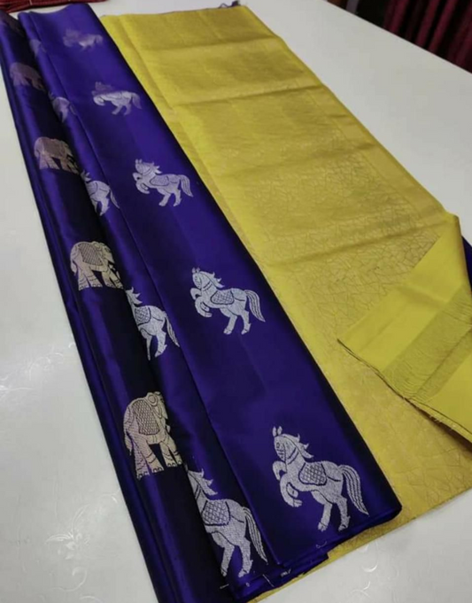 Nisha Yellow-Navy Blue Soft Silk Saree