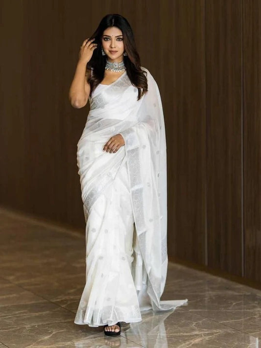 Beauteous White Soft Cotton Silk Saree With especial Blouse Attached