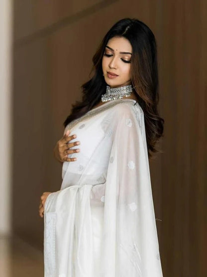 Beauteous White Soft Cotton Silk Saree With especial Blouse Attached