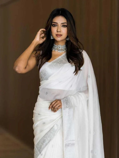 Beauteous White Soft Cotton Silk Saree With especial Blouse Attached