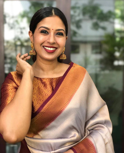 Bindu Cream Maroon Soft SIlk Saree With Attractive Blouse Piece