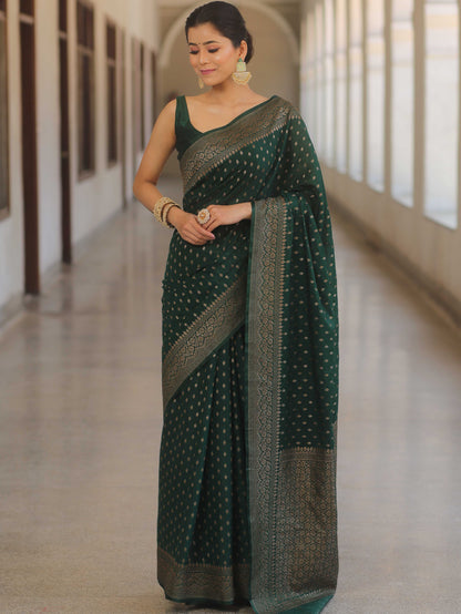 Knyaa's Green Banarasi SIlk Saree With Nouveau Attached Blouse