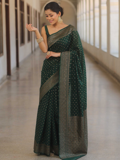 Knyaa's Green Banarasi SIlk Saree With Nouveau Attached Blouse